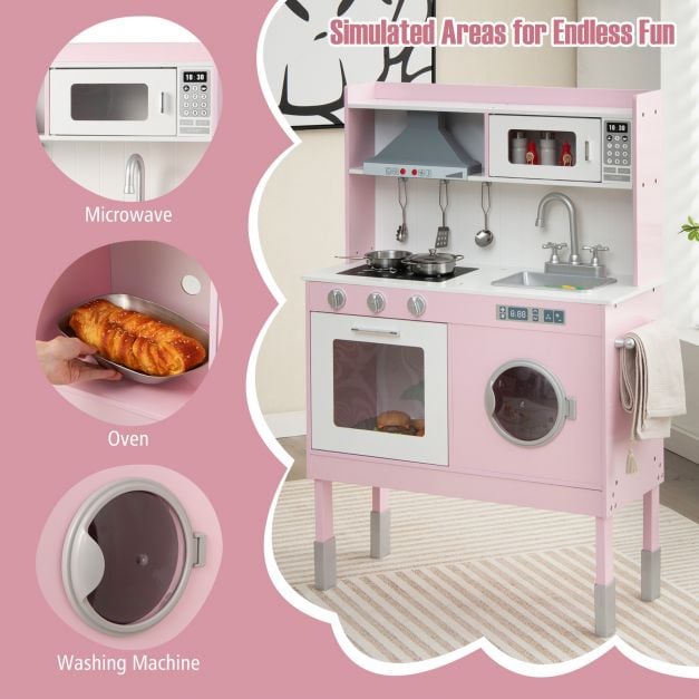 Adjustable Wooden Kids Play Kitchen with Washing Machine-Pink