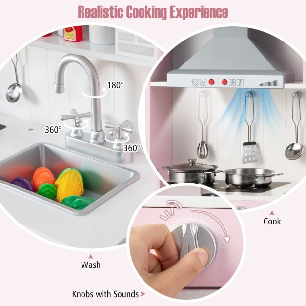 Adjustable Wooden Kids Play Kitchen with Washing Machine-Pink