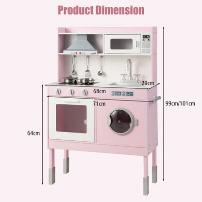 Adjustable Wooden Kids Play Kitchen with Washing Machine-Pink