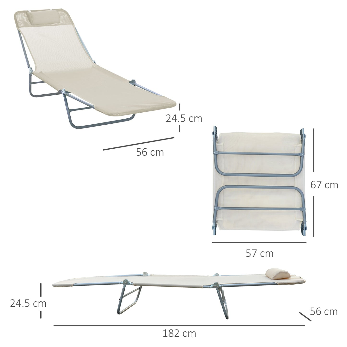 Outsunny Outdoor Foldable Sun Lounger, Adjustable Backrest Garden Recliner Sun Lounger Chair with Headrest Pillow, Beige