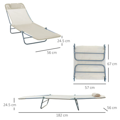 Outsunny Outdoor Foldable Sun Lounger, Adjustable Backrest Garden Recliner Sun Lounger Chair with Headrest Pillow, Beige