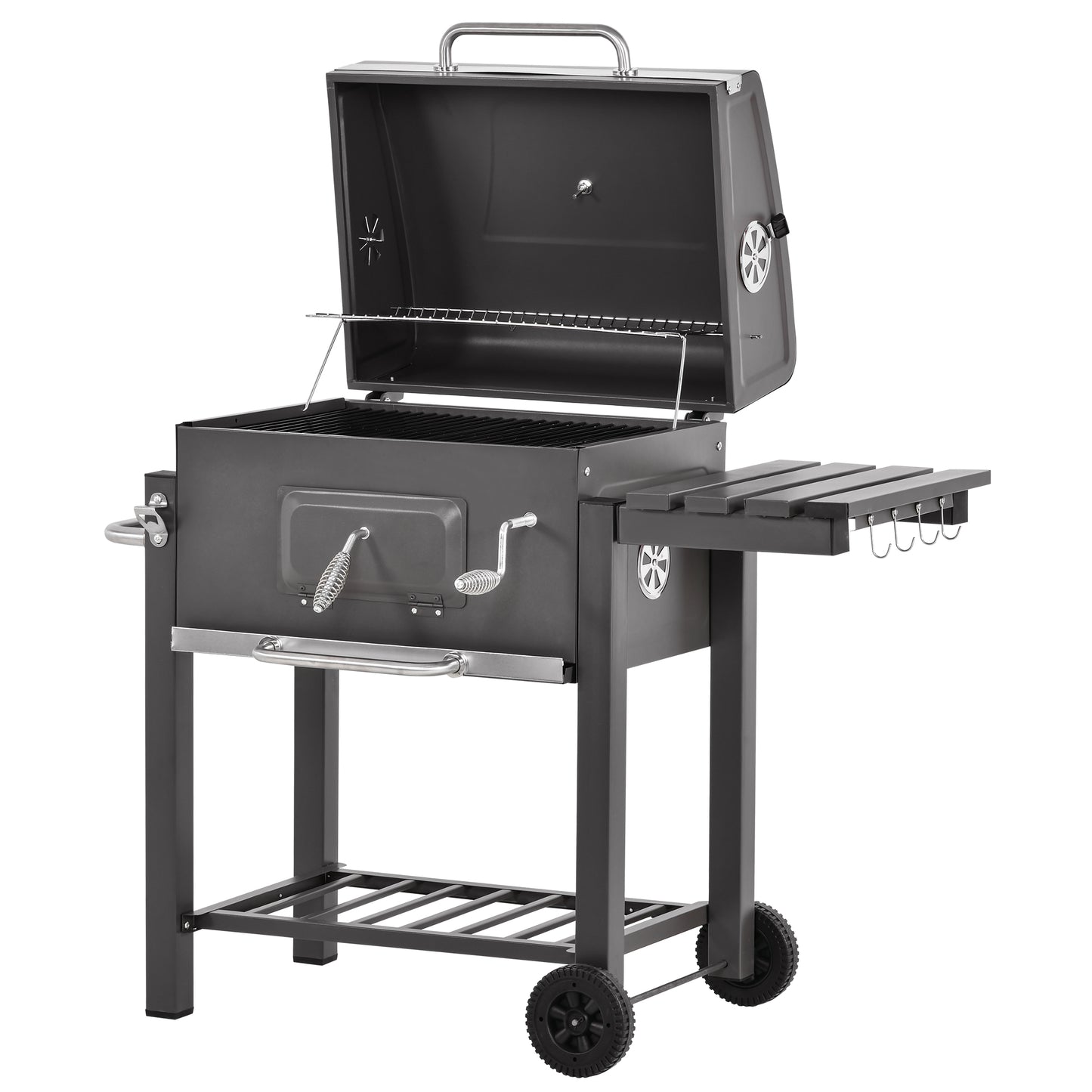 Wózek do grilla Outsunny Charcoal Grill z regulowanym rusztem węglowym, ogrodowy metalowy grill wędzarniczy z półką, stolikiem bocznym, kółkami, wbudowanym termometrem, otwieraczem do butelek