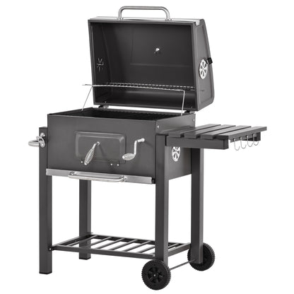 Wózek do grilla Outsunny Charcoal Grill z regulowanym rusztem węglowym, ogrodowy metalowy grill wędzarniczy z półką, stolikiem bocznym, kółkami, wbudowanym termometrem, otwieraczem do butelek