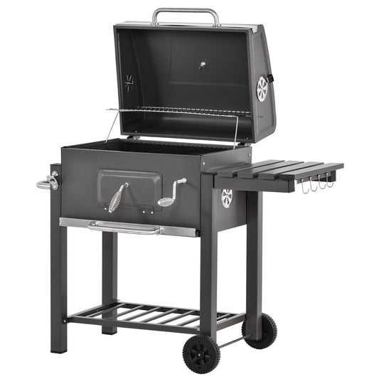 Wózek do grilla Outsunny Charcoal Grill z regulowanym rusztem węglowym, ogrodowy metalowy grill wędzarniczy z półką, stolikiem bocznym, kółkami, wbudowanym termometrem, otwieraczem do butelek