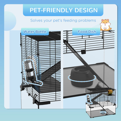 PawHut 3 Tiers Hamster Cage, Gerbil Cage with Deep Glass Bottom, Non-Slip Ramps, Platforms, Hut, Exercise Wheels, Water Bottle, Dish, for Syrian Hamster, Dwarf Hamster, 60 x 40 x 54.5cm