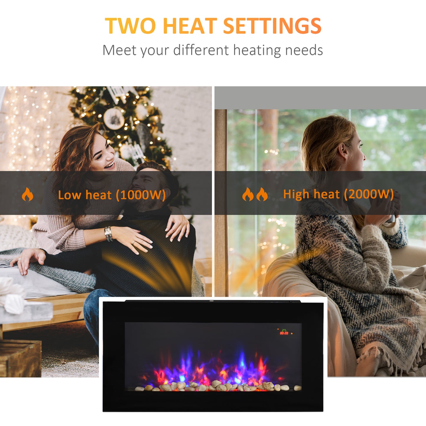 HOMCOM LED Wall Mounted Fireplace Curved Glass Electric Fire Place for Living Room, 1000W/2000W, 48H x 90.8W x 11.5Dcm, Black