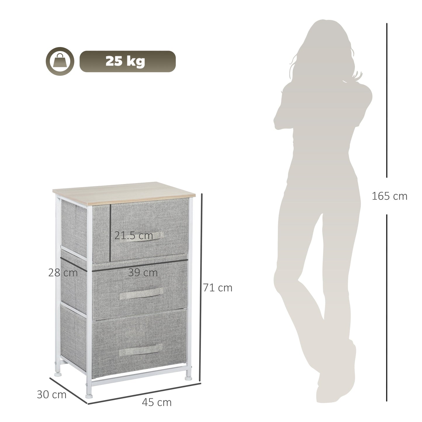 خزانة أدراج من الكتان عمودية من HOMCOM مكونة من 3 طبقات مع أدراج تخزين بإطار معدني وأقدام قابلة للتعديل لغرفة المعيشة والحمام والمطبخ باللون الأبيض والبلوط والرمادي الفاتح