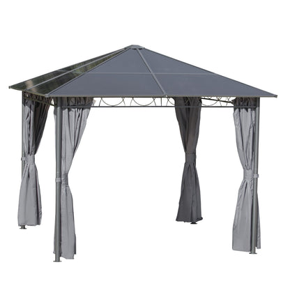 Outsunny 3 x 3(m) Hardtop Gazebo with UV Resistant Polycarbonate Roof, Steel & Aluminum Frame, Garden Pavilion with Curtains, Grey