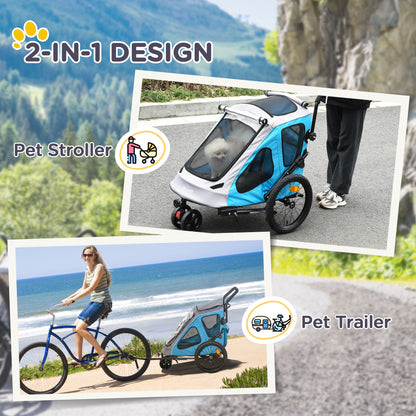 PawHut Dog Bike Trailer, 2 in 1 Foldable Dog Stroller w/ Hitch Coupler, Reflectors, Safety Harness, Quick Release Wheels, 600D Oxford Fabric Dog Trailer for Medium Dogs, Blue