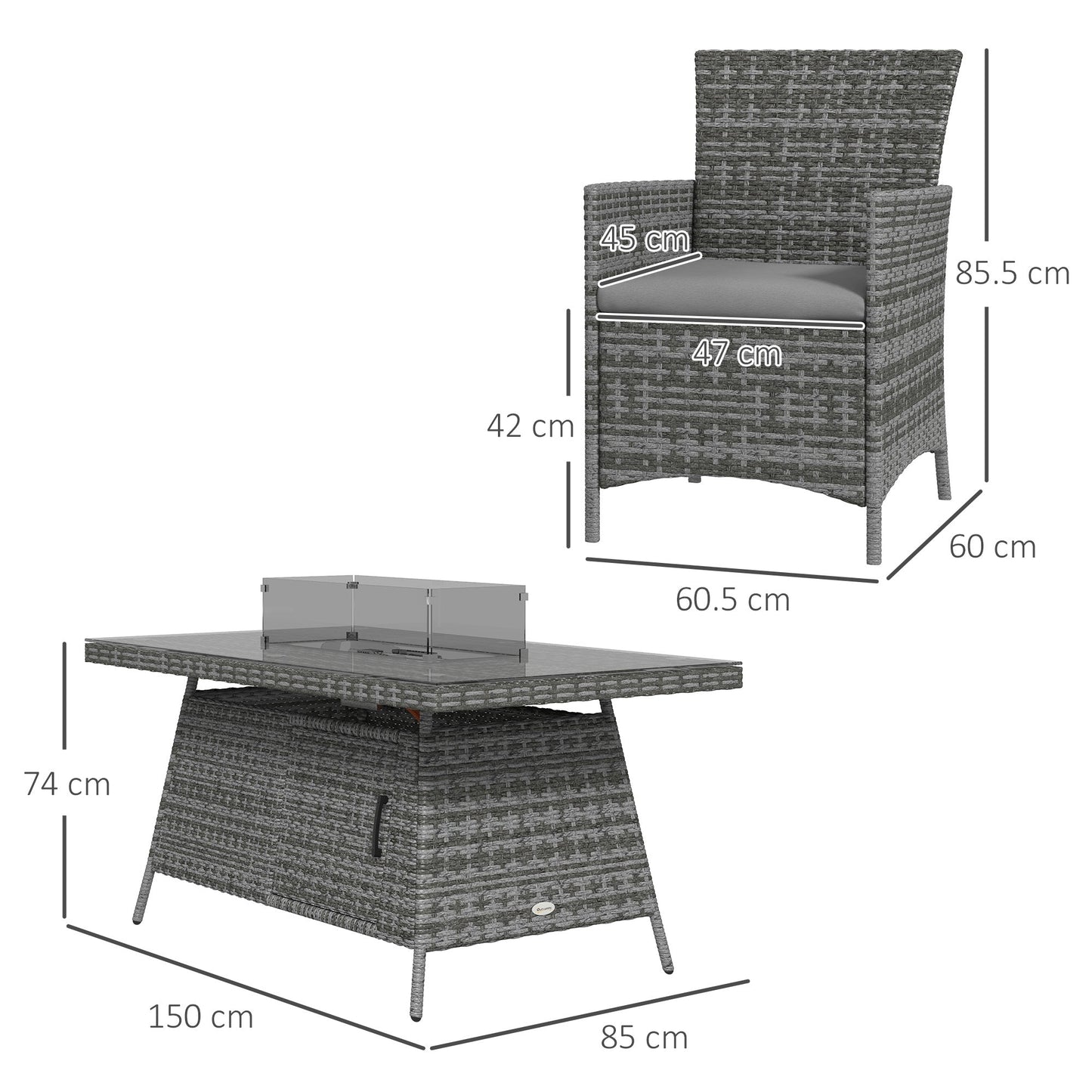 Outsunny 7 Pieces Outdoor PE Rattan Dining Sets with Fire Pit Table, Garden Dining Set w/ Propane Heater Table, Armchairs w/ Cushions, Glass Windscreen, Volcanic Rock, 50,000 BTU, Grey