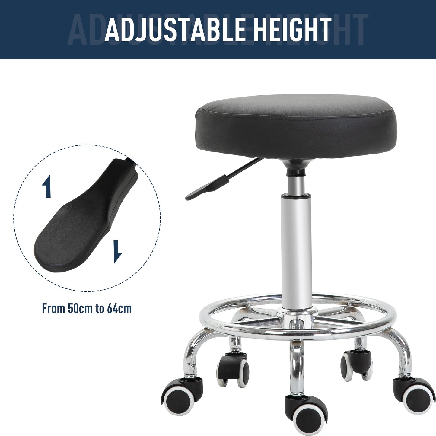 Vinsetto Round Rolling Stool, PU Leather Height Adjustable Stool Chair with Wheels and Swivel Seat for Salon, Massage, Spa, Home Kitchen, Black