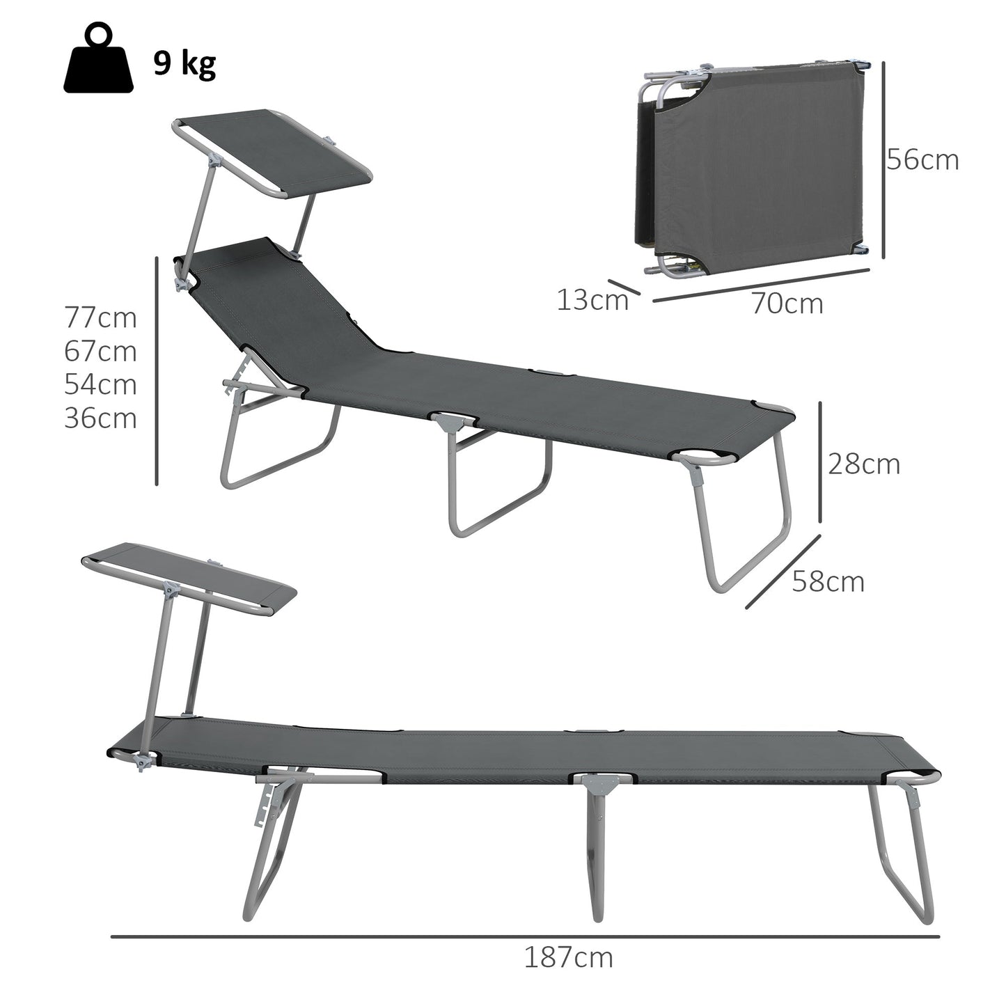 Outsunny Outdoor Foldable Sun Lounger Set of 2, 4 Level Adjustable Backrest Reclining Sun Lounger Chair with Angle Adjust Sun Shade Awning for Beach, Garden, Patio, Grey