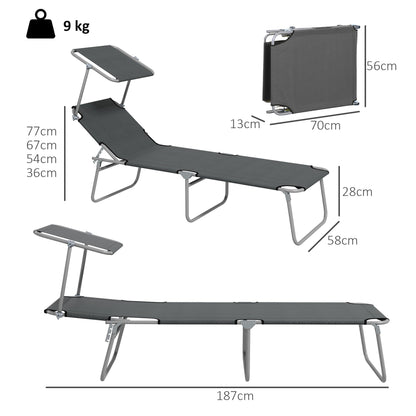 Outsunny Outdoor Foldable Sun Lounger Set of 2, 4 Level Adjustable Backrest Reclining Sun Lounger Chair with Angle Adjust Sun Shade Awning for Beach, Garden, Patio, Grey
