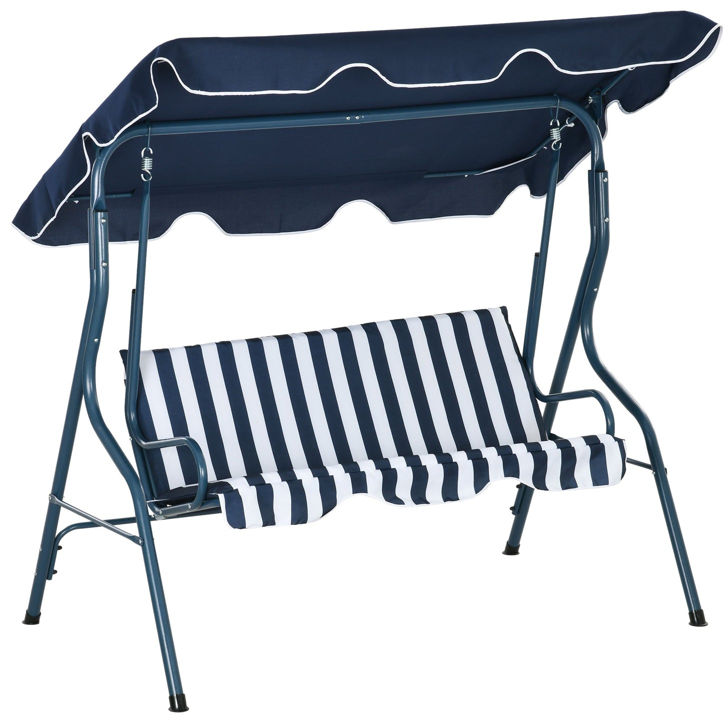 Outsunny 3 Seater Canopy Swing Chair Outdoor Garden Bench with Adjustable Canopy and Metal Frame - Blue Stripes