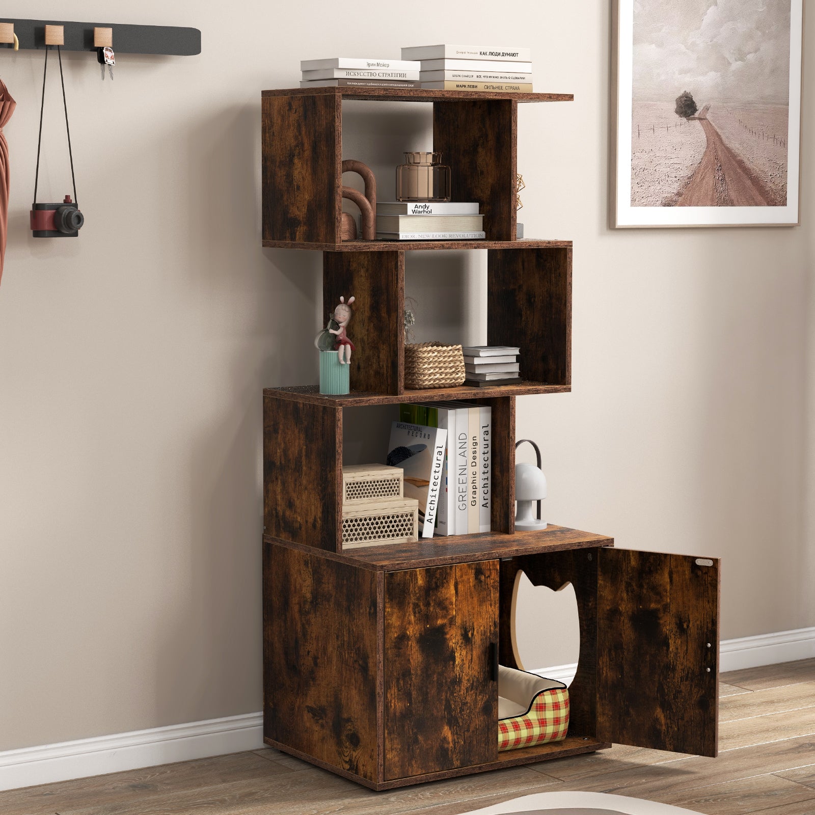 2-in-1 Hidden Cat Litter Box Enclosure with 3 Open Shelves-Rustic Brown