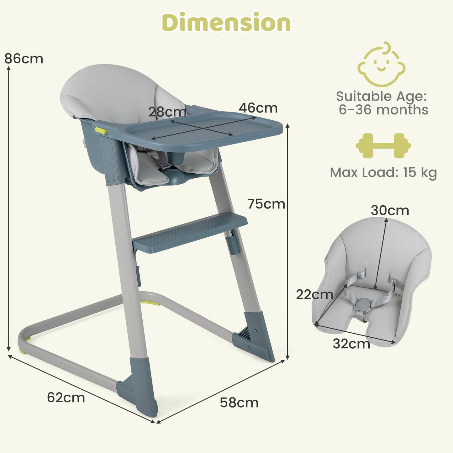 High Chair with Detachable Tray and Waterproof Cushion for 6-36 Months-Grey