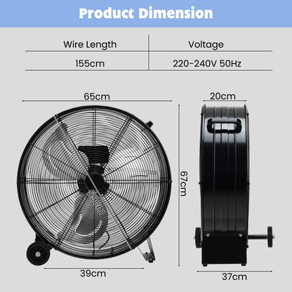 24 Inch High-Velocity Industrial Floor Fan with Wheels and Handle
