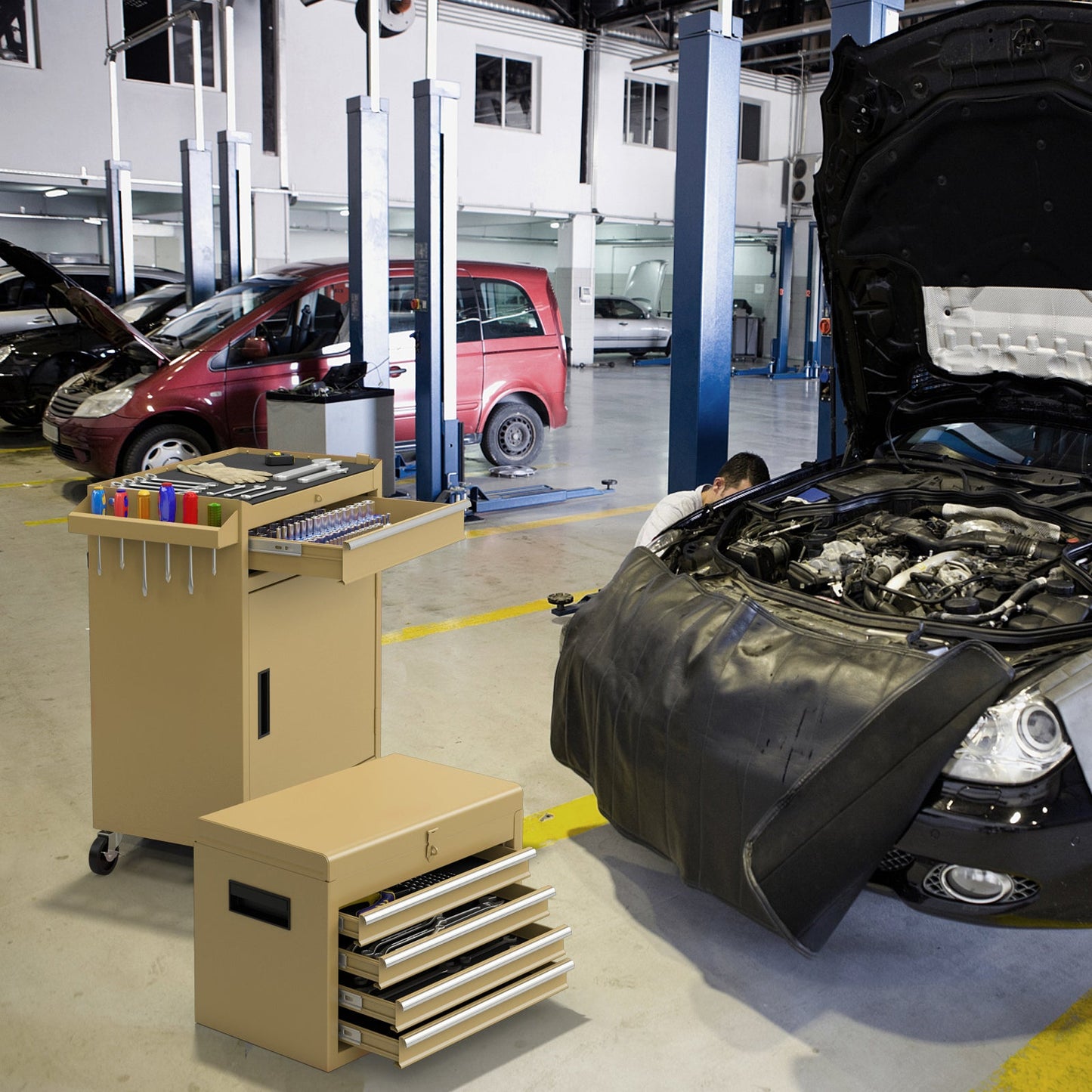 High Capacity Tool Storage Cabinet with Lockable Wheels-Yellow
