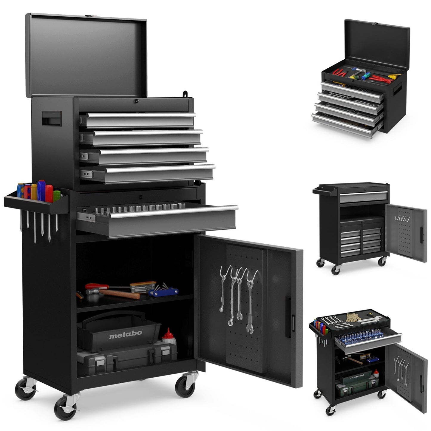 High Capacity Tool Storage Cabinet with Lockable Wheels-Black & Grey