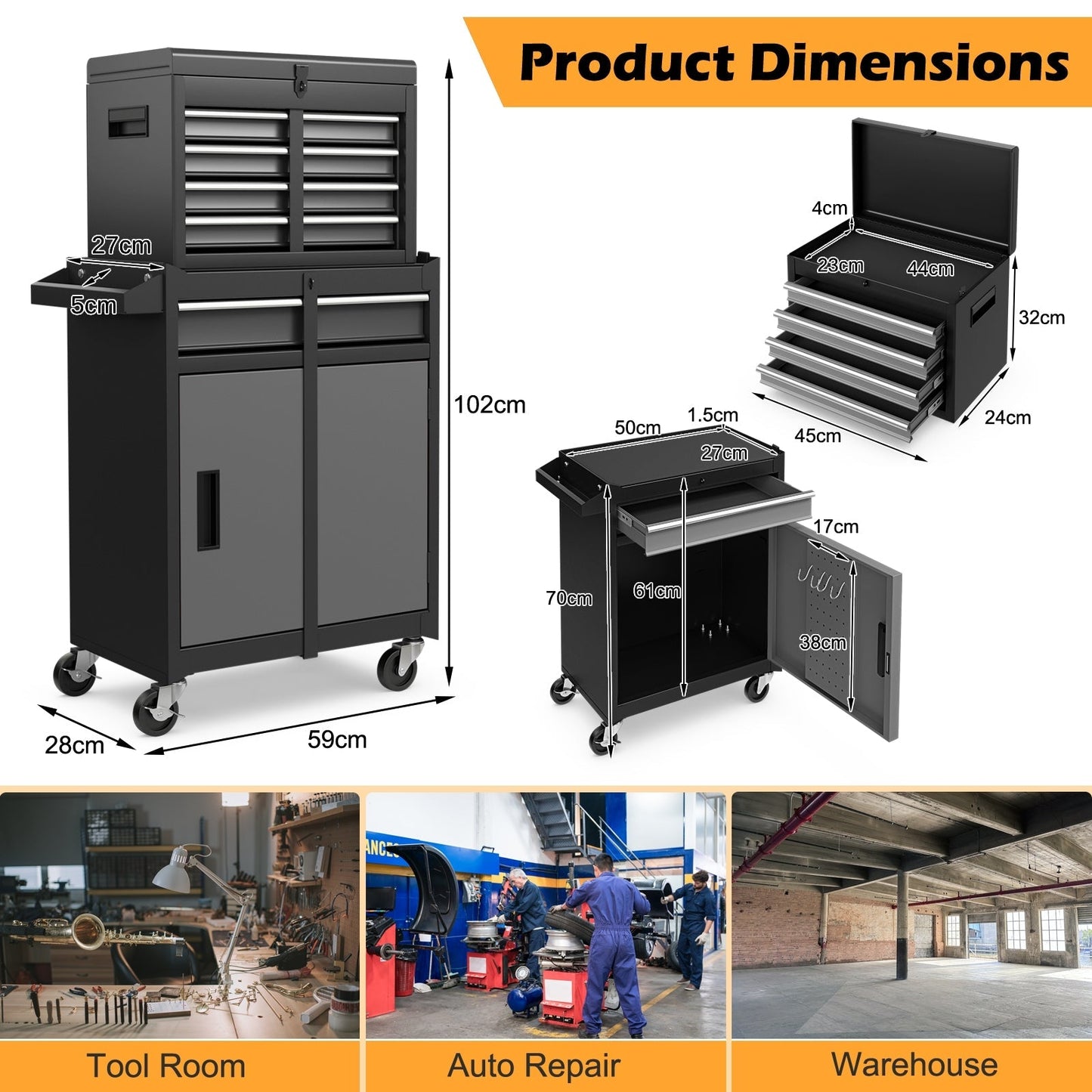 High Capacity Tool Storage Cabinet with Lockable Wheels-Black & Grey