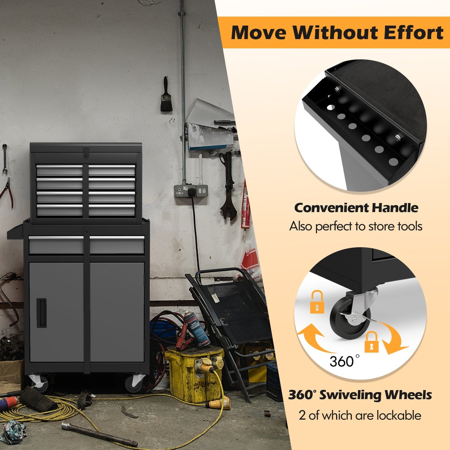 High Capacity Tool Storage Cabinet with Lockable Wheels-Black & Grey