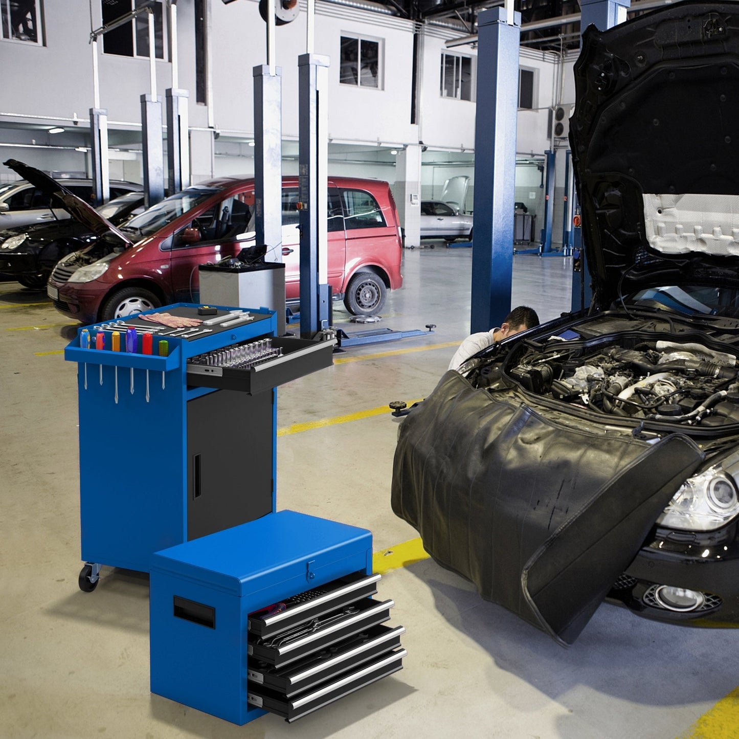 High Capacity Tool Storage Cabinet with Lockable Wheels-Blue