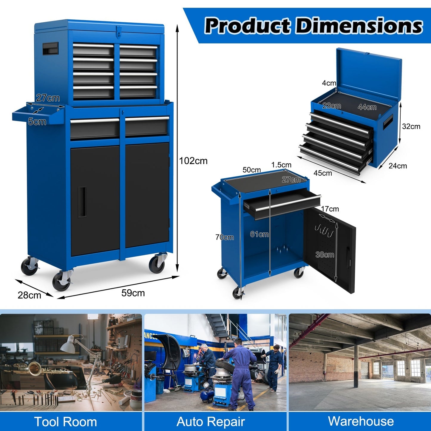 High Capacity Tool Storage Cabinet with Lockable Wheels-Blue