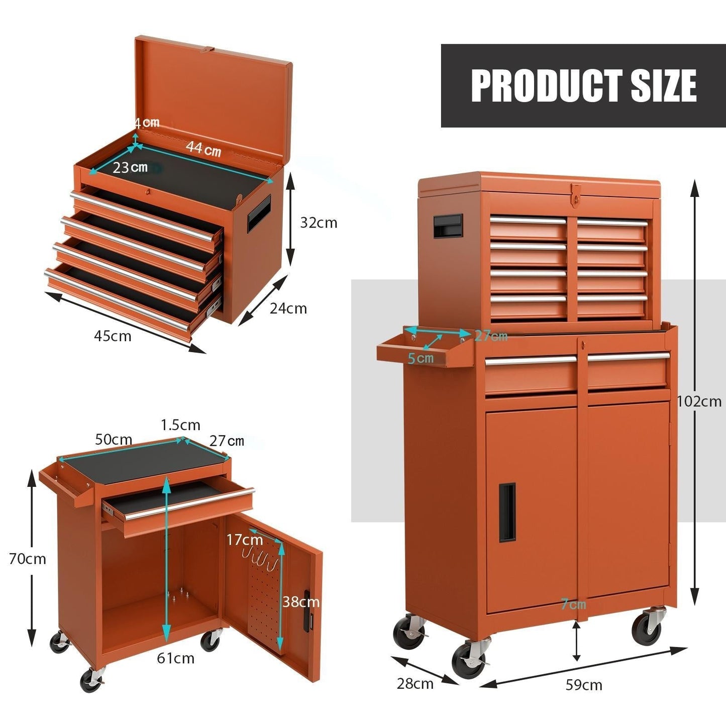 High Capacity Tool Storage Cabinet with Lockable Wheels-Orange