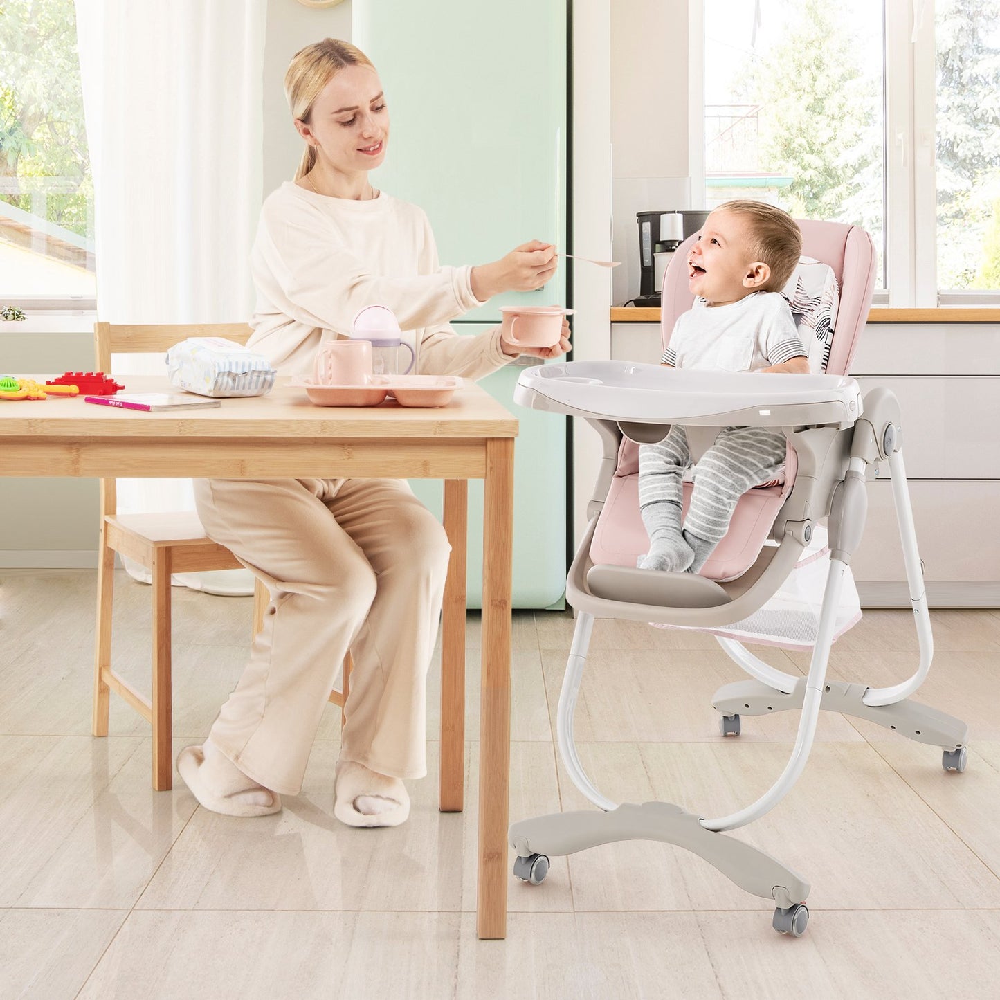 Multifunctional Folding Baby High Chair with Rolling Wheels-Pink