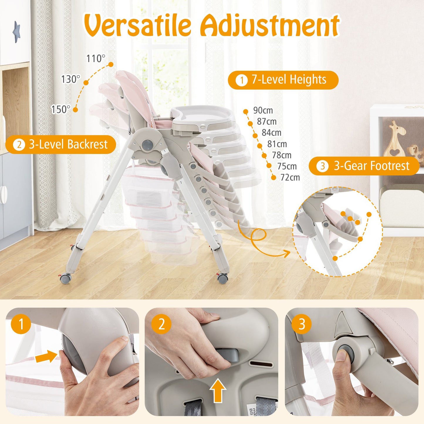 Multifunctional Folding Baby High Chair with Rolling Wheels-Pink