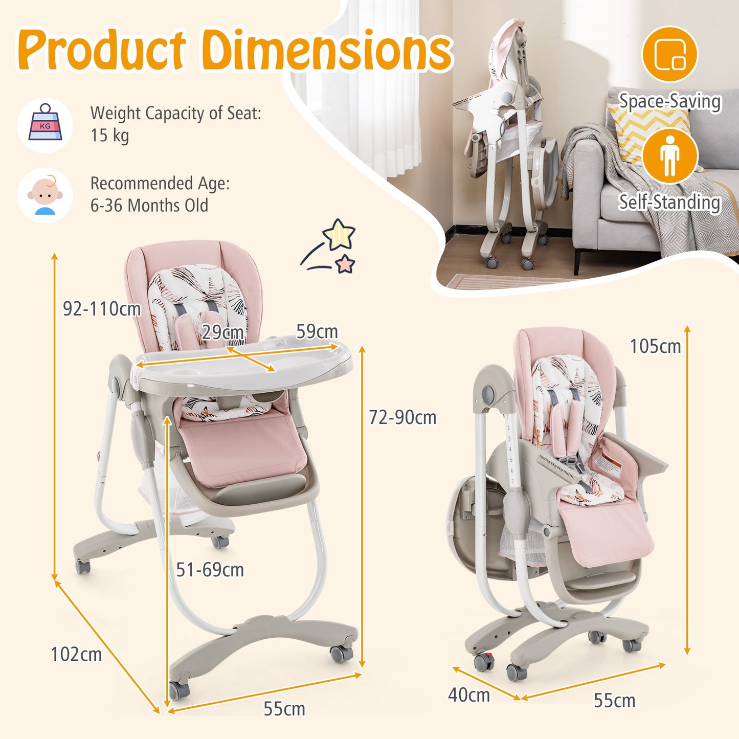 Multifunctional Folding Baby High Chair with Rolling Wheels-Pink