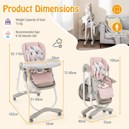Multifunctional Folding Baby High Chair with Rolling Wheels-Pink