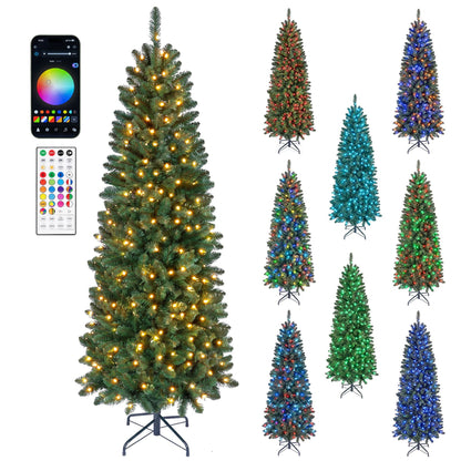 Hinged Pencil Xmas Tree with 350/250 Color Changing RGB Lights and Adjustable Brightness Speed-180cm