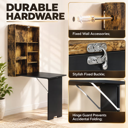 HOMCOM Folding Wall-Mounted Drop-Leaf Table, Convertible Wall Table With Chalkboard and Storage Shelf, Rustic Brown