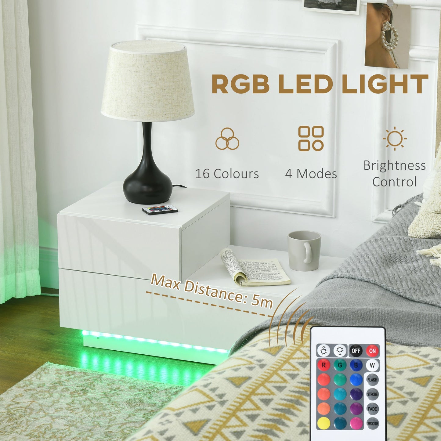 طاولة بجانب السرير من HOMCOM ذات واجهة لامعة للغاية مع أدراج وطاولة بجانب السرير مع إضاءة LED RGB وجهاز تحكم عن بعد لغرفة النوم وغرفة المعيشة باللون الأبيض