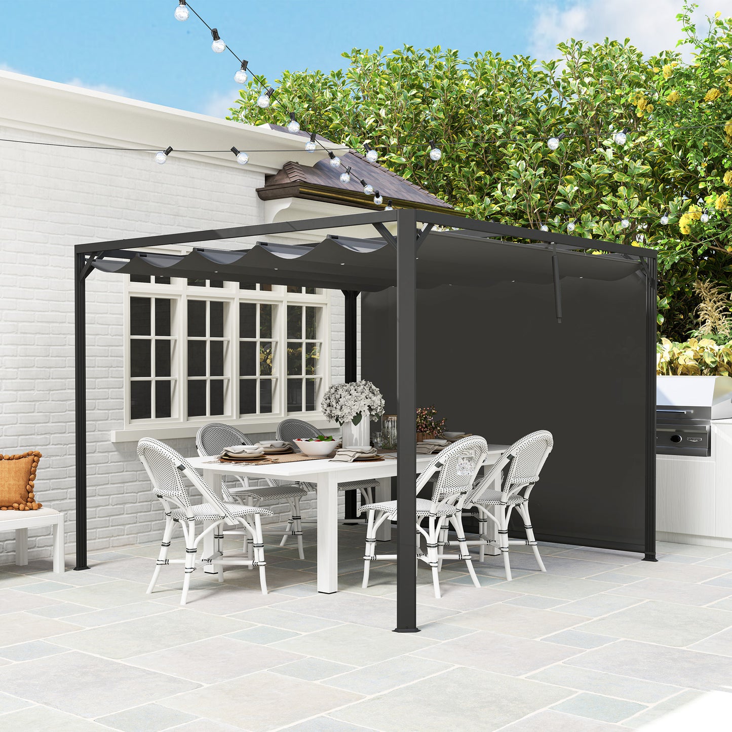 Outsunny 3 x 3m aluminiowa pergola z rozsuwanym dachem i ścianą - ciemnoszara