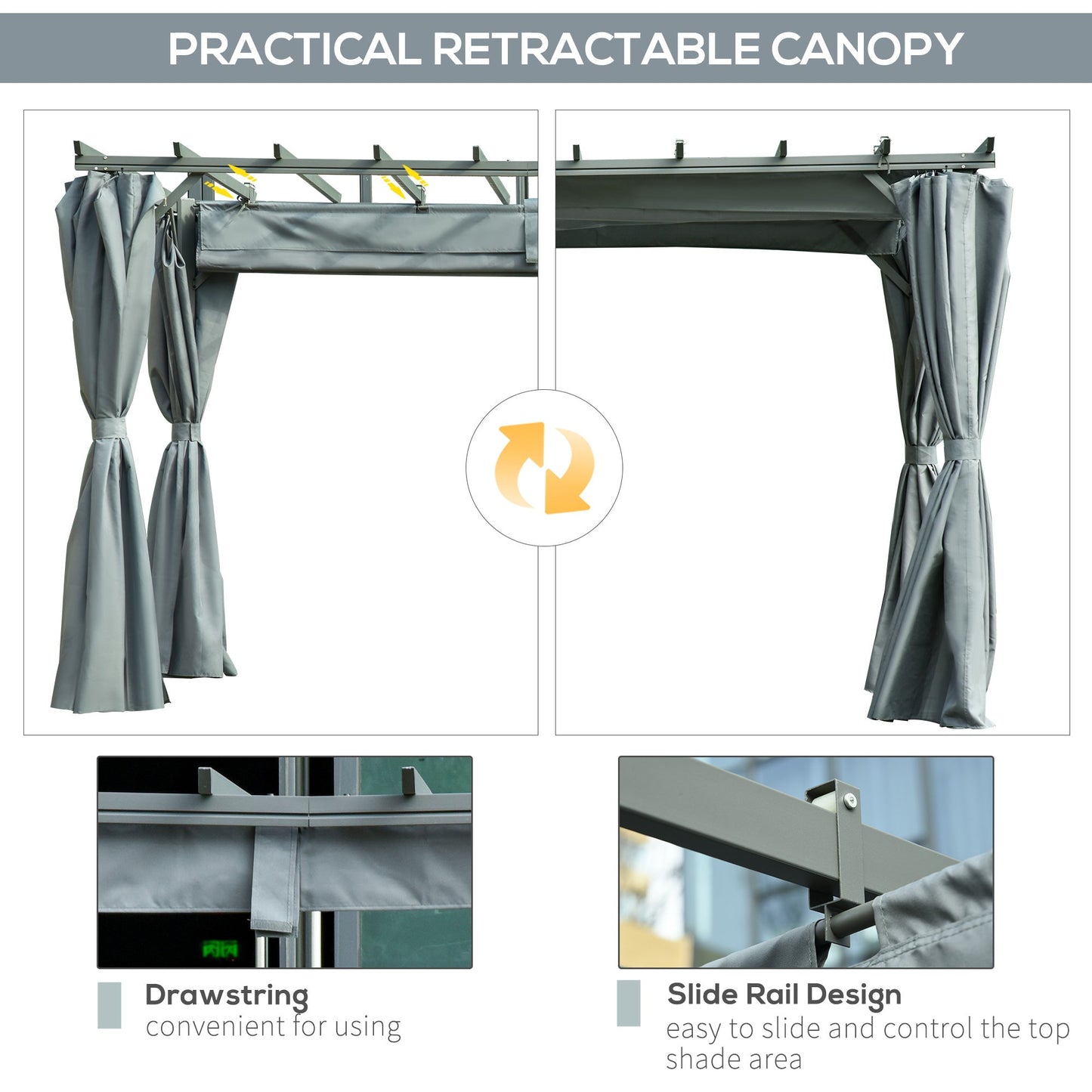 Outsunny 3.6 x 3(m) Outdoor Pergola Gazebo Retractable Canopy Garden Shelter Sun Shade Party with Curtains, Aluminum, Dark Grey