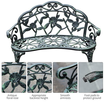 Outsunny Cast Aluminium Outdoor Garden Patio Antique Rose Style Bench Porch Park Chair Seat - أخضر