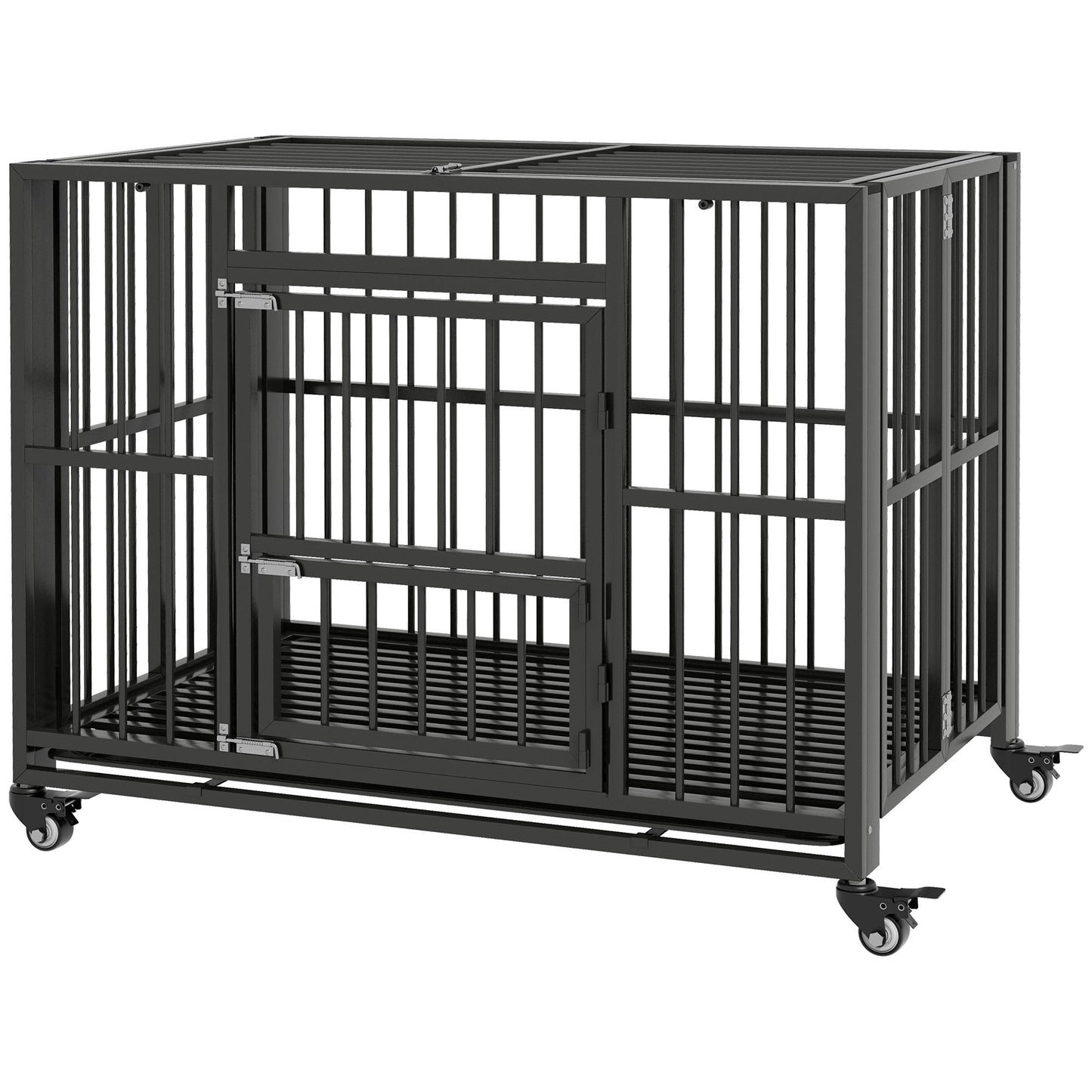 PawHut 43" Heavy Duty Dog Crate, Foldable Dog Cage, with Openable Top, Locks, Removable Tray, Wheels - Black