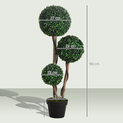 HOMCOM Decorative Artificial Tree Boxwood Ball Topiary Tree in Pot Fake Plant for Home Indoor Outdoor Decor, 90 cm, Dark Green