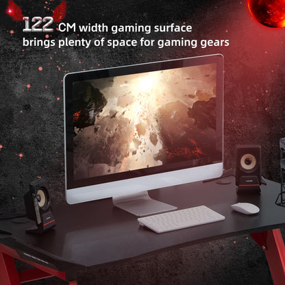 Biurko gamingowe HOMCOM 122 x 66 cm, pokryte włóknem węglowym biurko komputerowe, stanowisko pracy dla graczy z haczykiem na słuchawki, uchwytem na kubek i stojakiem na gamepad, czarno-czerwone