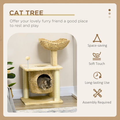 PawHut Cat Tree for Indoor Cats with Scratching Posts, Cat House, Bed, Toy Ball, Beige