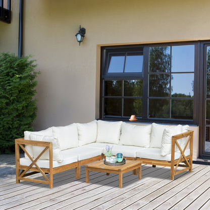 Outsunny 6-częściowy elegancki zestaw do jadalni na patio z drewnianą ramą i poduszkami, stolik kawowy, meble ogrodowe, sofa, balkon, patio, kremowo-biały