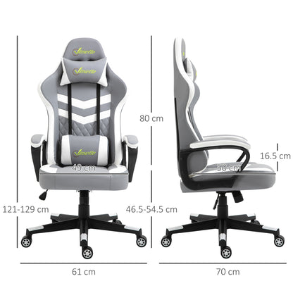 Vinsetto Gaming Chair, Computer Desk Chair with Lumbar Support, Faux Leather Racing Chair with Headrest and Swivel Wheels for Home Office, Grey White