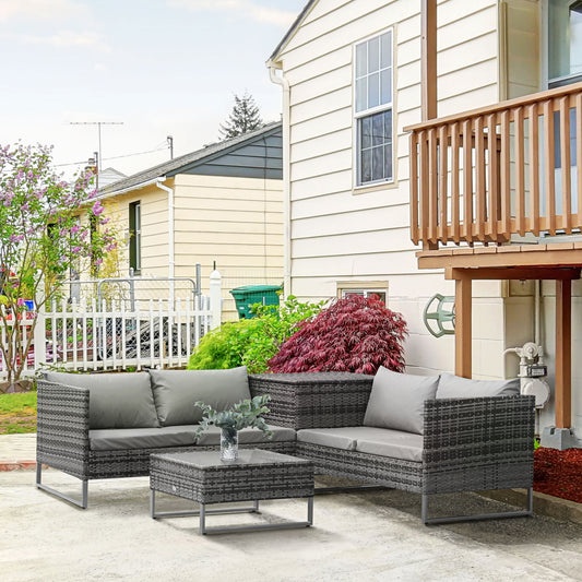 Outsunny 4pc Garden Rattan Wicker Outdoor Furniture Patio Corner Sofa Love Seat and Table Set with Cushions Side Desk Storage, Mixed Grey