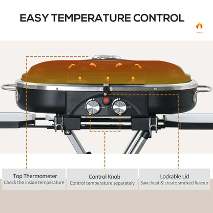 Outsunny Foldable Gas BBQ Grill 2 Burner Garden Barbecue Trolley w/ Lid Side Shelves Storage Pocket Piezo Ignition Thermometer, Aluminium Alloy