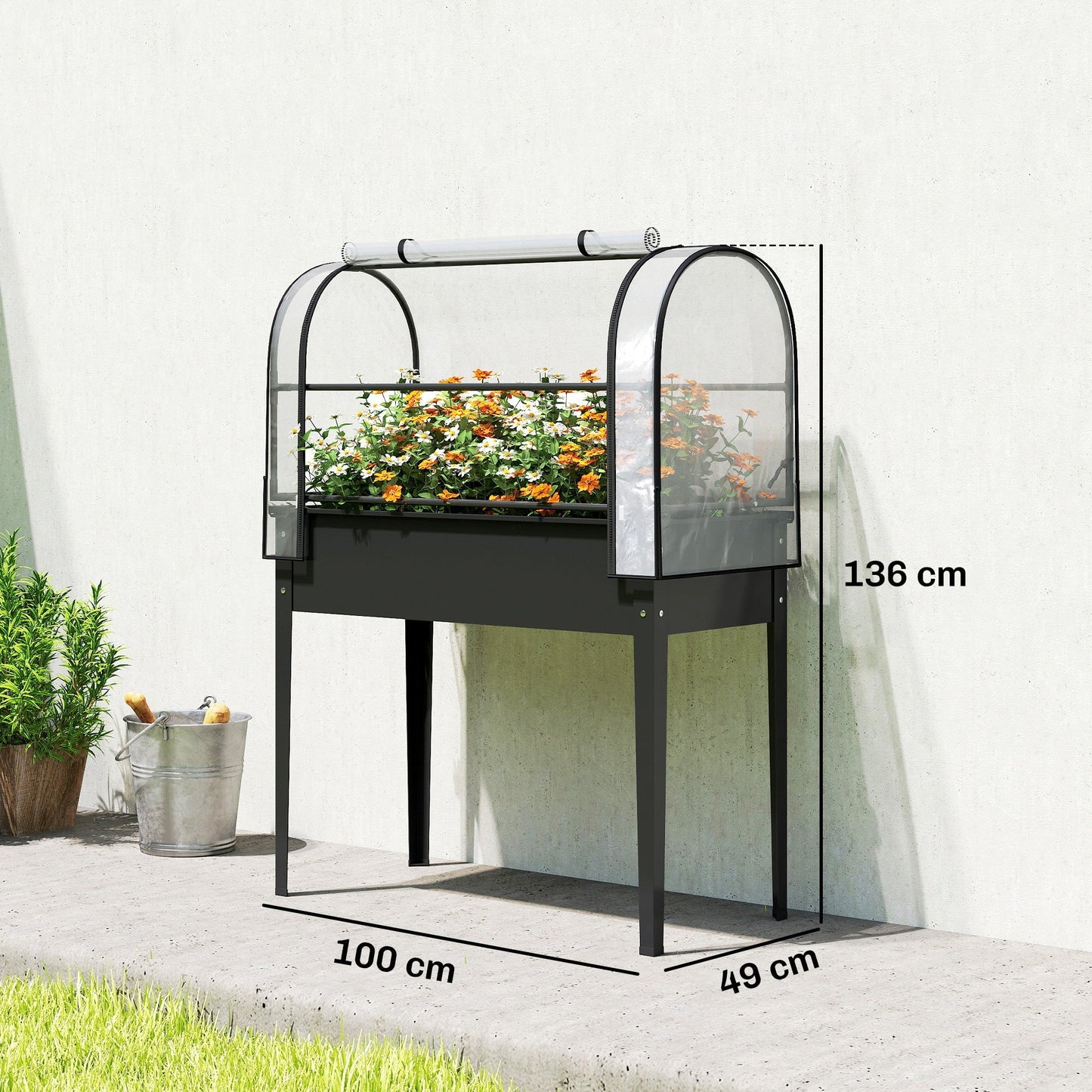Outsunny Raised Planter with Flip-Up Greenhouse Cover, Metal Raised Garden Bed on Legs with Drainage Hole, Black