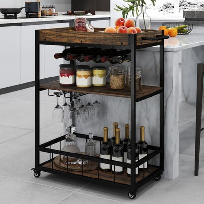 Home Bar Cart on Wheels Kitchen Serving Cart with Removable Tray-Rustic Brown