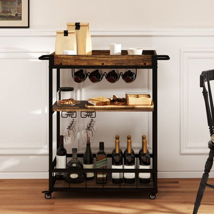 Home Bar Cart on Wheels Kitchen Serving Cart with Removable Tray-Rustic Brown