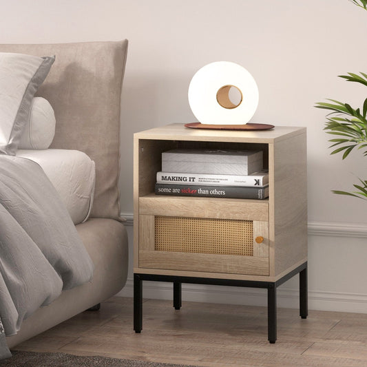 Home Boho Style Nightstand Accent Table with Open Shelf and Door Cabinet-Natural